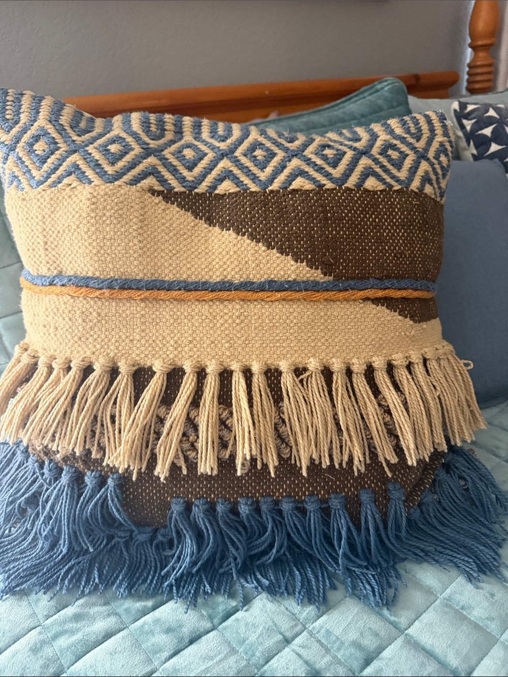 Boho Fringe Decorative Throw Pillow in Blue and Cream. 18x18